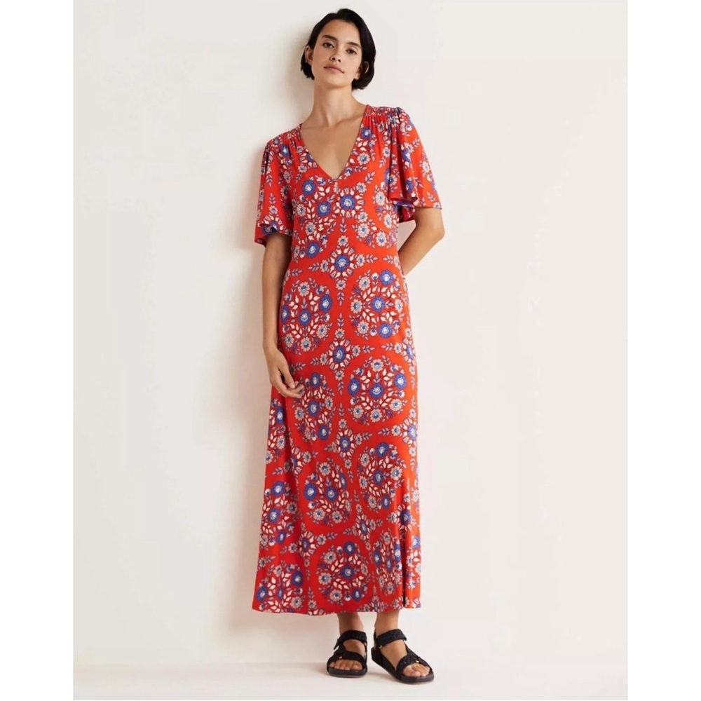 Boden Red Floral Midi Dress with Blue and White Accents
